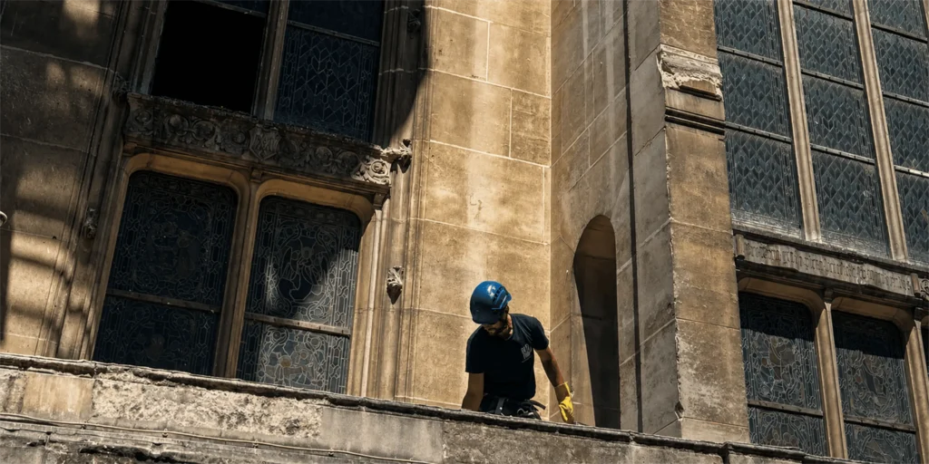 Cordiste intervenant sur le chéneau d’une église en hauteur