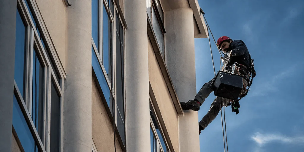 Cordiste réalisant une reprise de maçonnerie sur une façade en hauteur